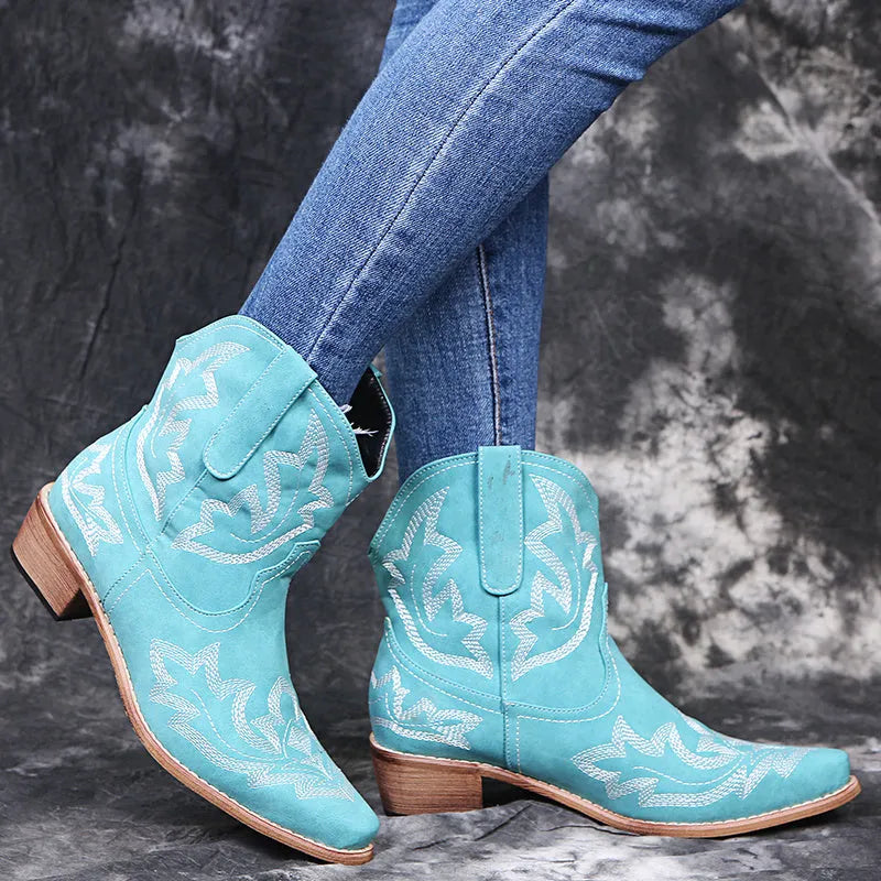 Women's embroidered cowboy boots with wedge heel in blue colour showing pointed toe and decorative stitching