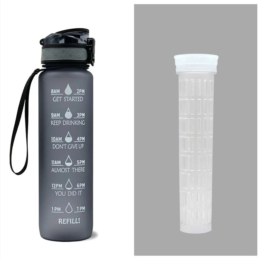 1L Tritan sports water bottle with time markers and flip-top lid in blue-red gradient colour