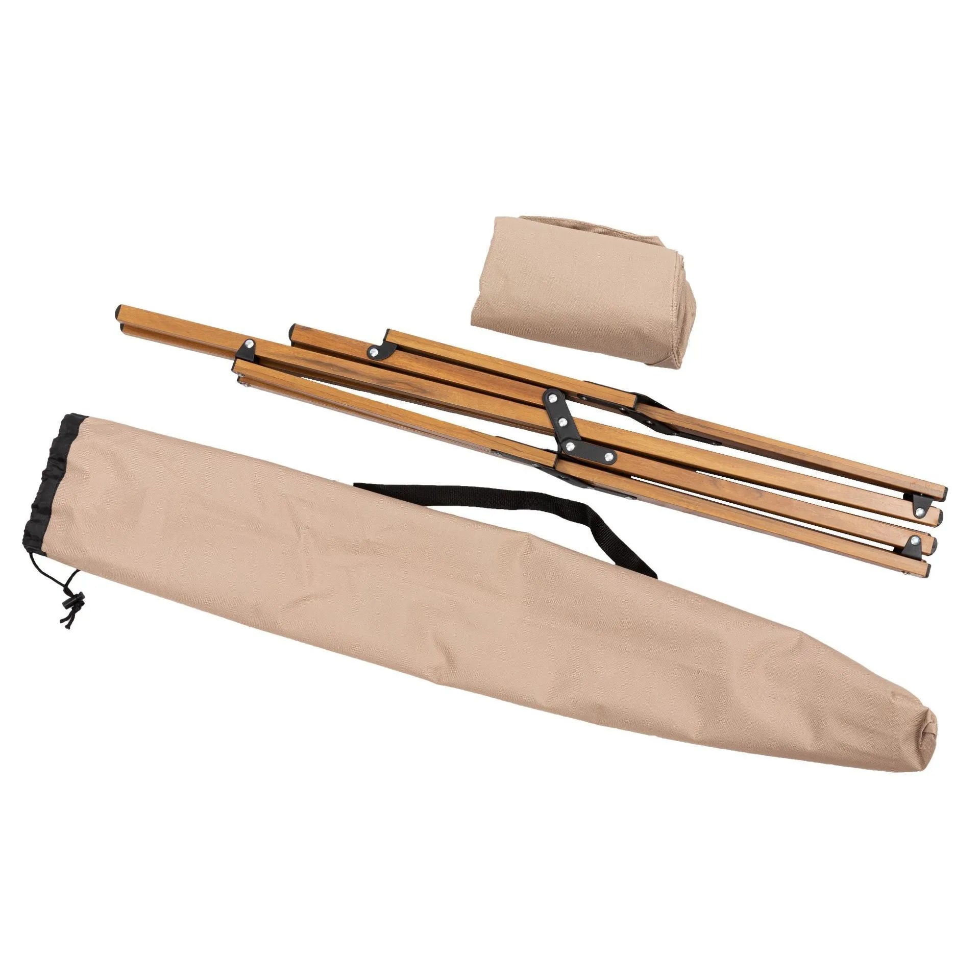 Folding camping chair with aluminium frame, wood grain finish, handrails, and rotating seat in outdoor setting