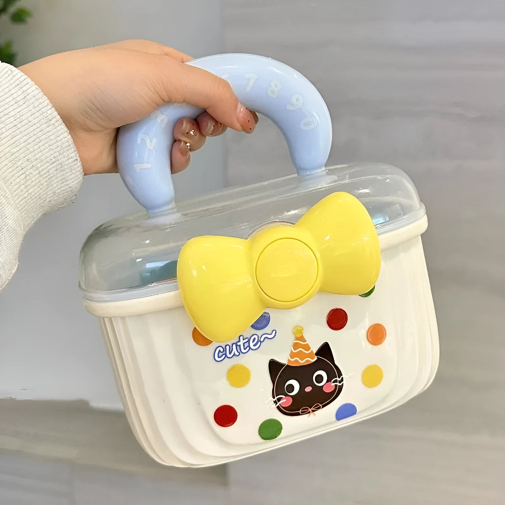 Layered portable medicine storage box in plastic, shown in light blue and ankarat red, small and large sizes.