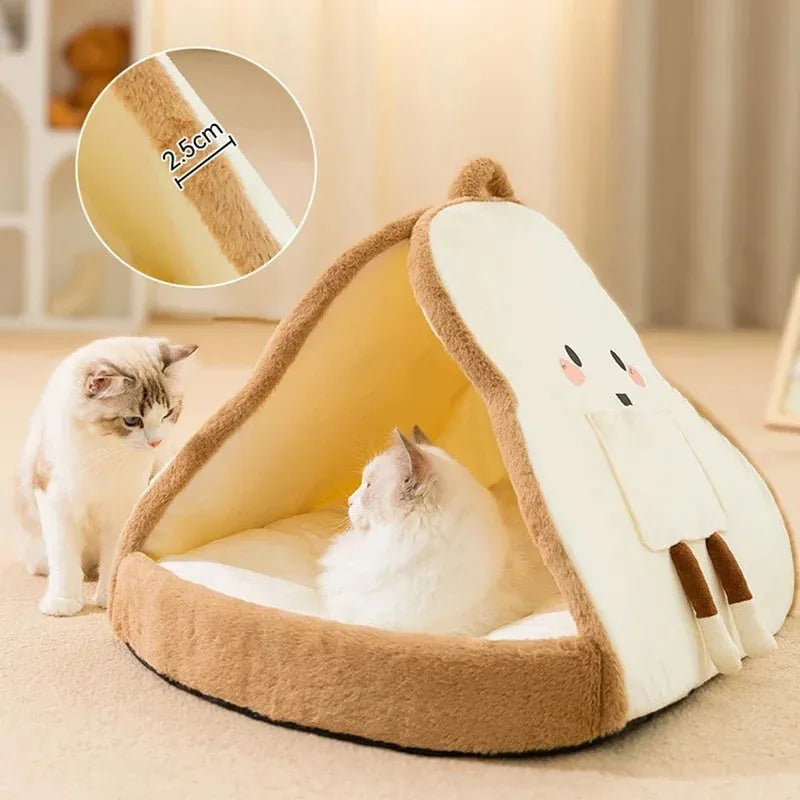 Green winter cat tent pet house with deep cave bed design and soft blanket inside.