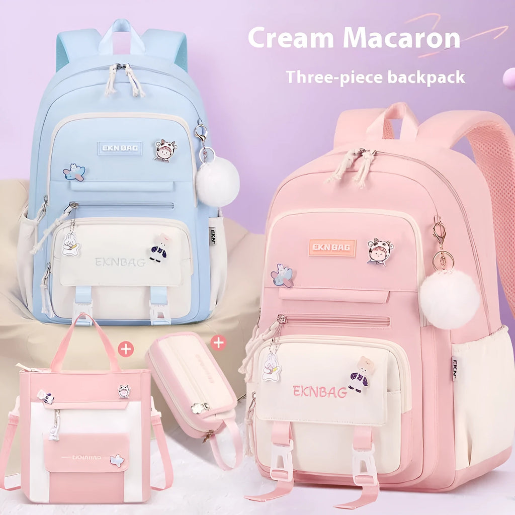 Pink waterproof school backpack set for girls with matching pencil case and tuition bag on a white background.