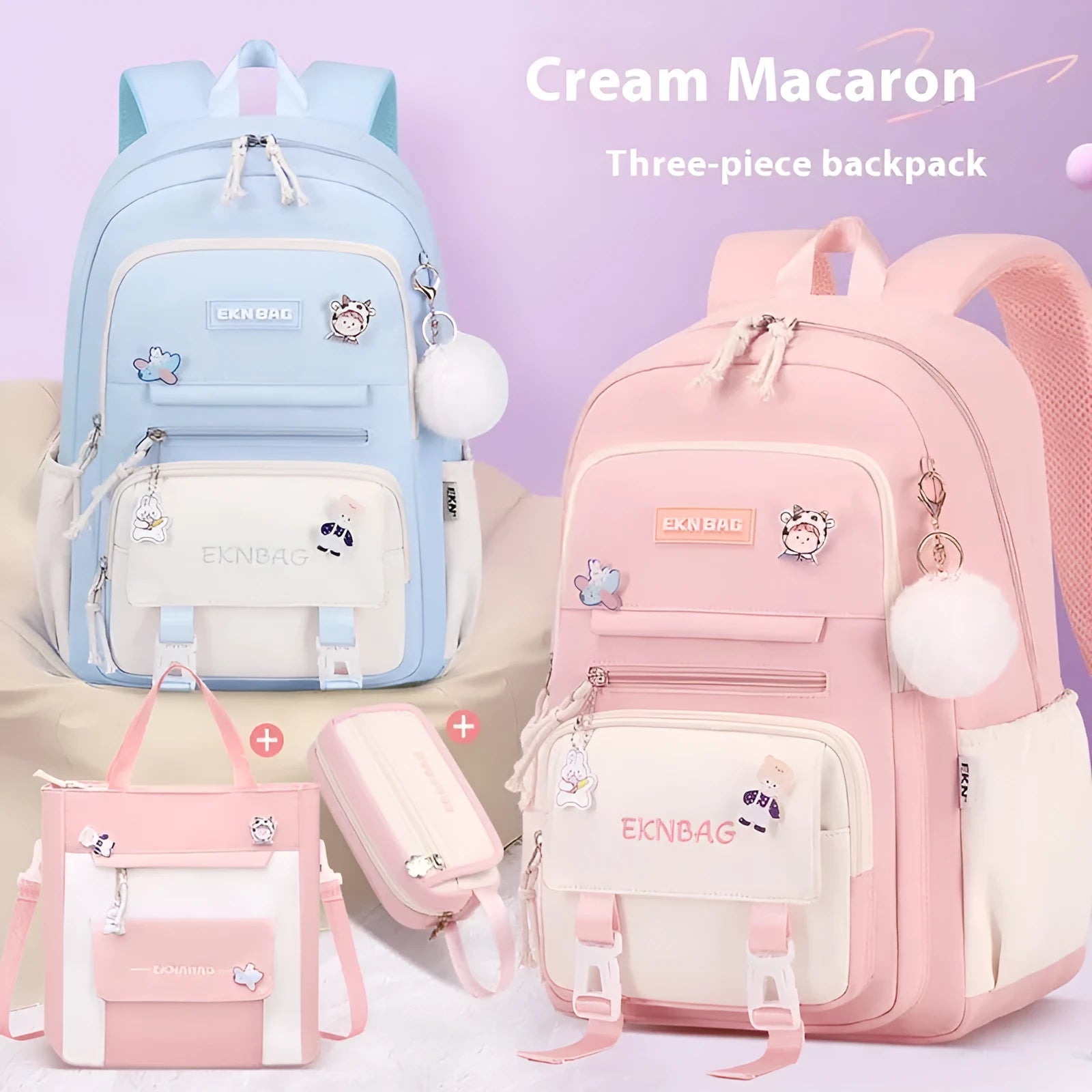 Pink waterproof school backpack set for girls with matching pencil case and tuition bag on a white background.