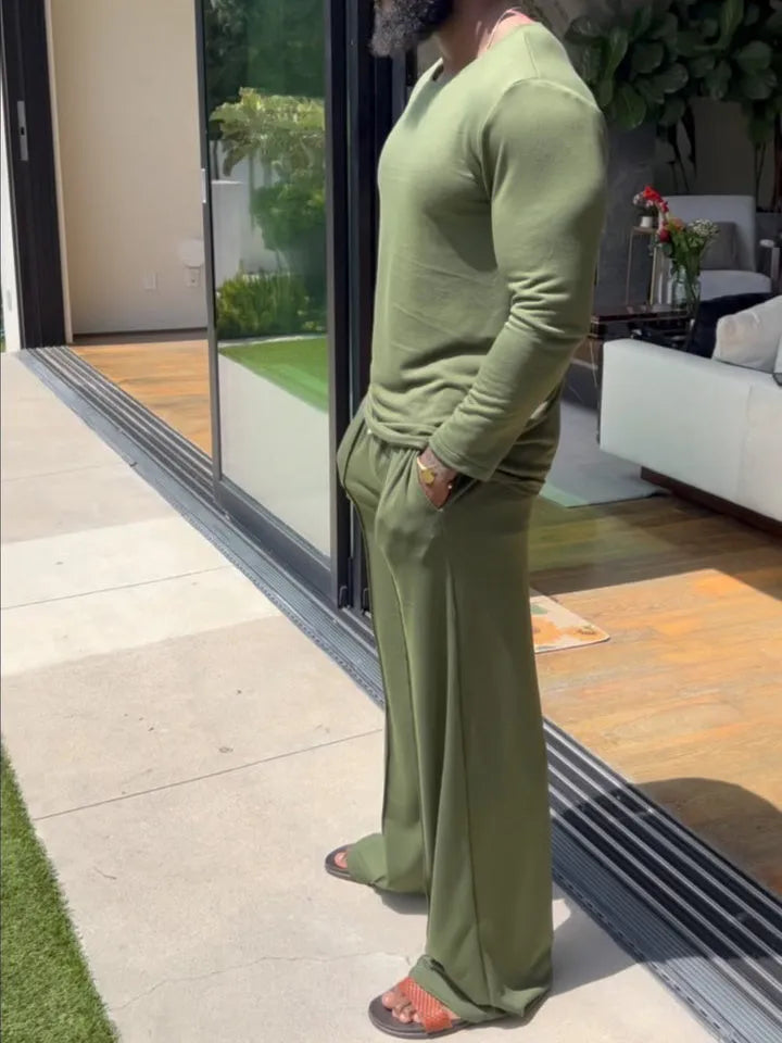 Men's green casual polyester top and pants matching set showing regular fit design