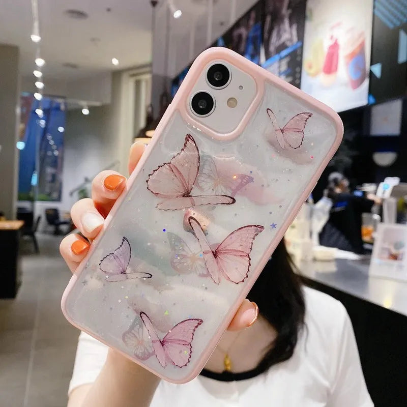 Pink epoxy glitter butterfly TPU phone case for iPhone with anti-fall back cover visible