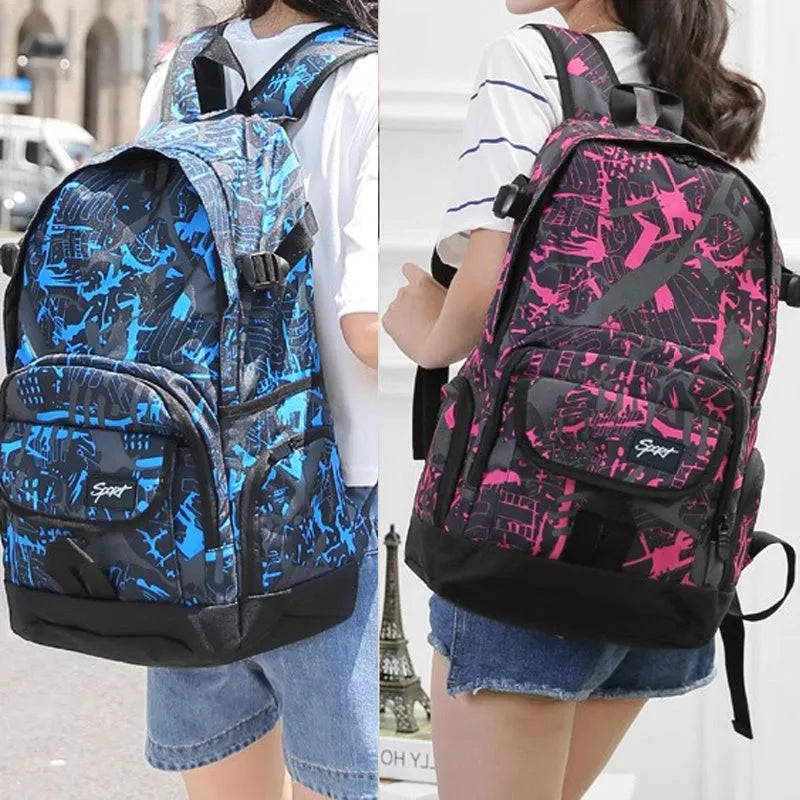 Classic blue nylon backpack with large main compartment shown open.