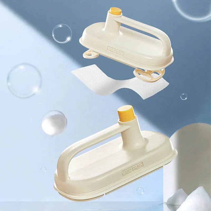 Disposable Magic Cleaning Brush with plastic handle, storage box, and 50 white non-woven fabric rag refills.