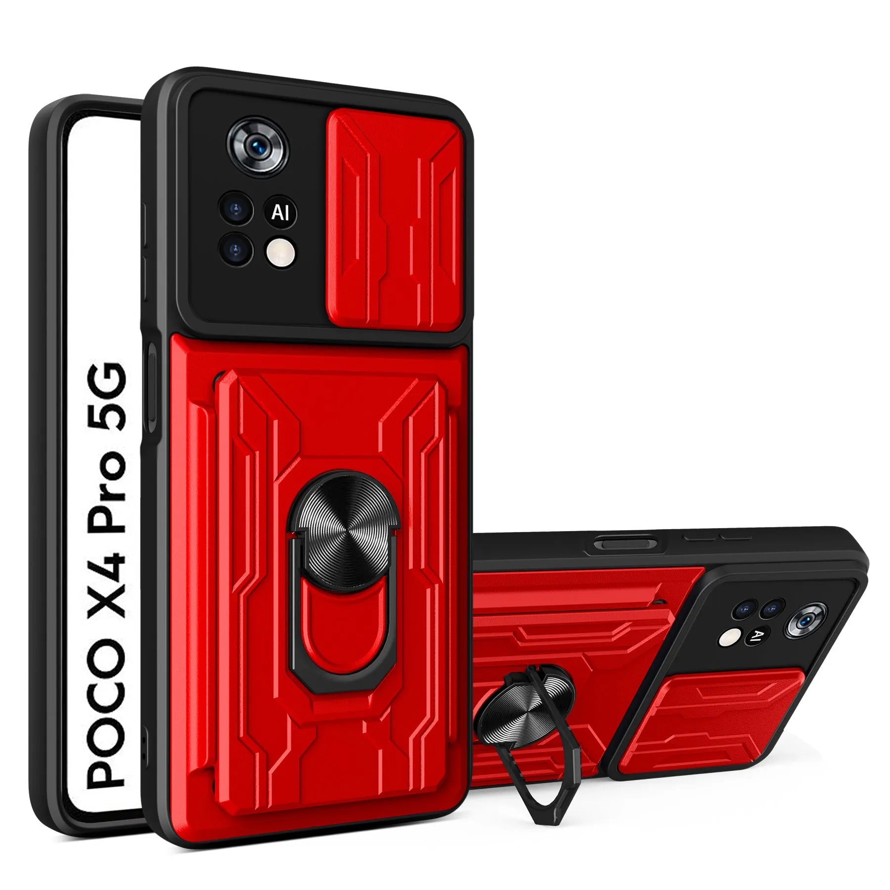 Multi-function card phone case with TPU and PC layers for Xiaomi Redmi POCO, solid colour, black