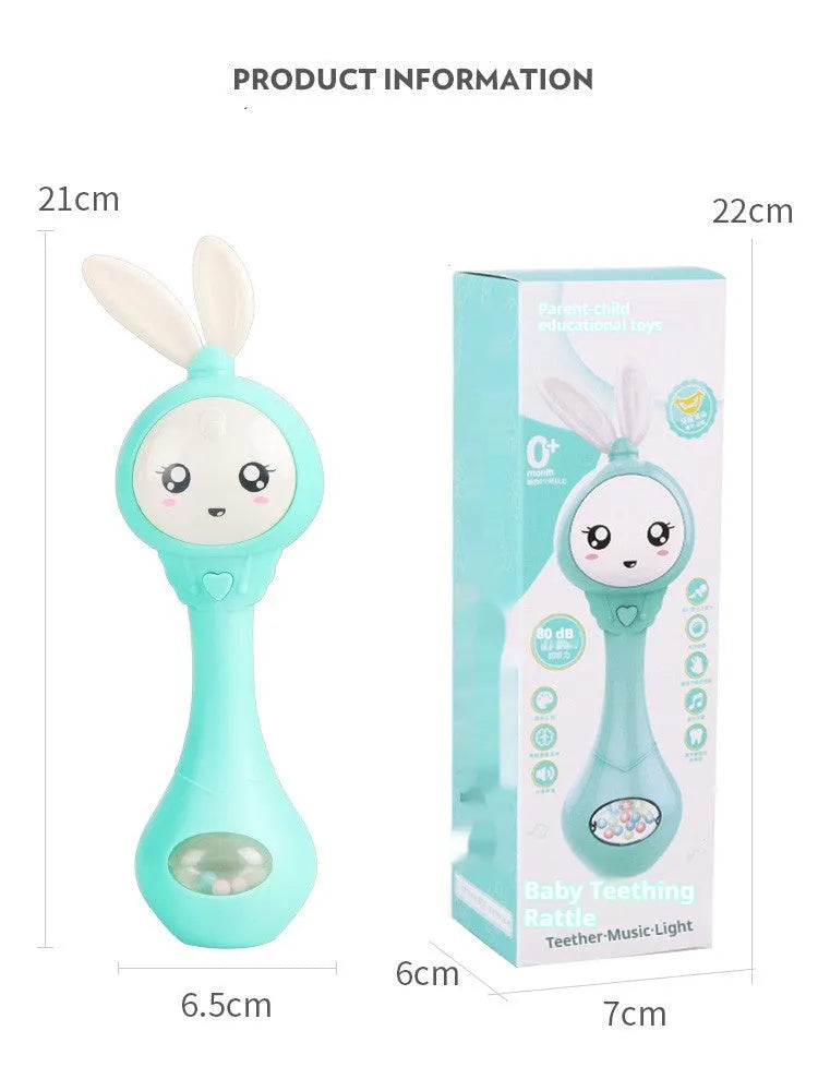 Baby musical teething stick toy in light blue, mint green, orange or pink with safe ABS plastic chewing surfaces