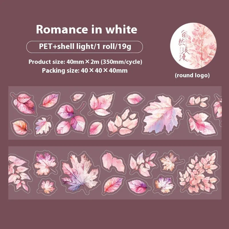 Roll of PET decorative stickers showing six leaf designs including ginkgo and maple, 40mm wide and 2m long.
