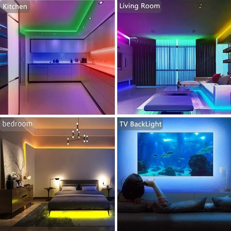 20m RGB LED strip light with 5050 beads, 44-key remote control, and 5A power supply for indoor TV and room decoration