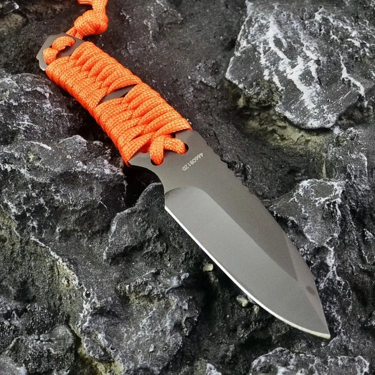 BG197 outdoor camping knife with a straight blade, rope handle, and black ABS plastic sheath.