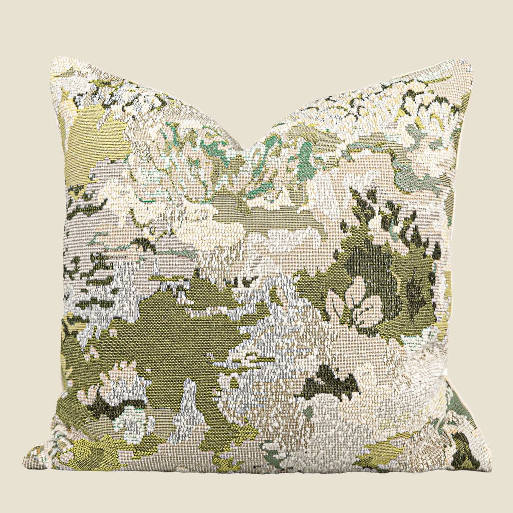 Antique green wool blended pillowcase with abstract spring flowers pattern, shown in square and bolster sizes.