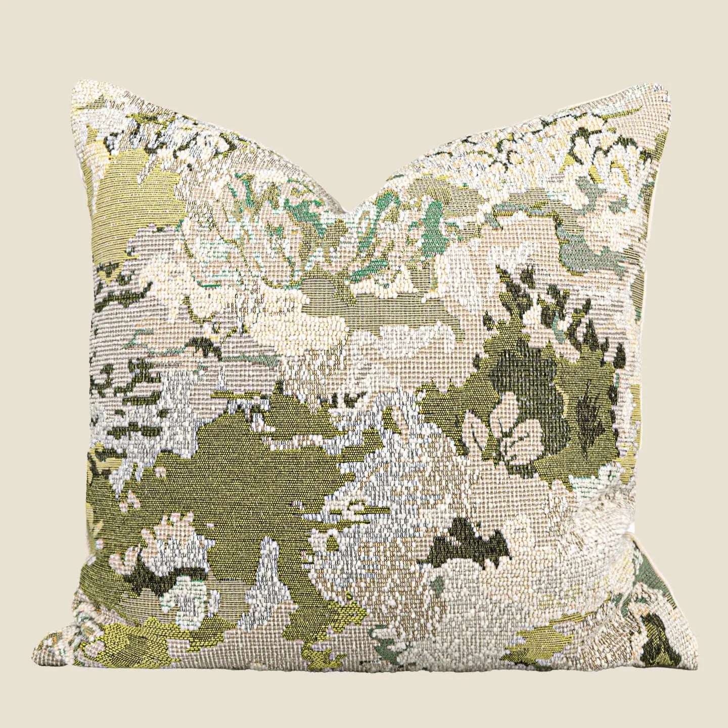 Antique green wool blended pillowcase with abstract spring flowers pattern, shown in square and bolster sizes.