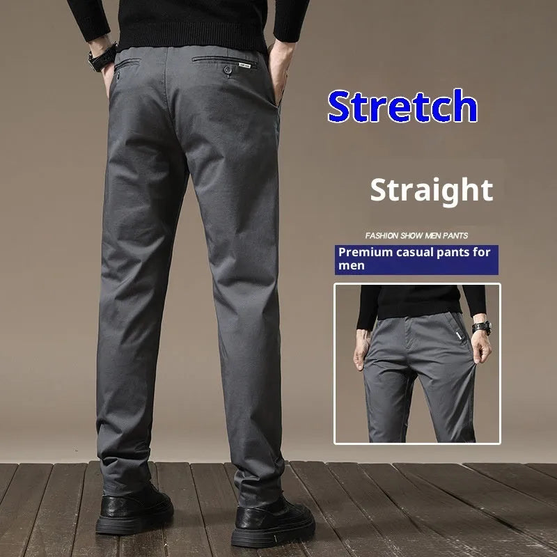 Men combed cotton light business casual trousers in black, side view showing mid-waist cut and fabric texture