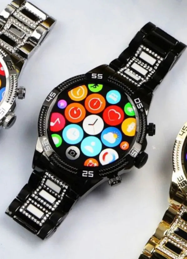Small gold smartwatch with diamond accents on a TFT screen showing health data