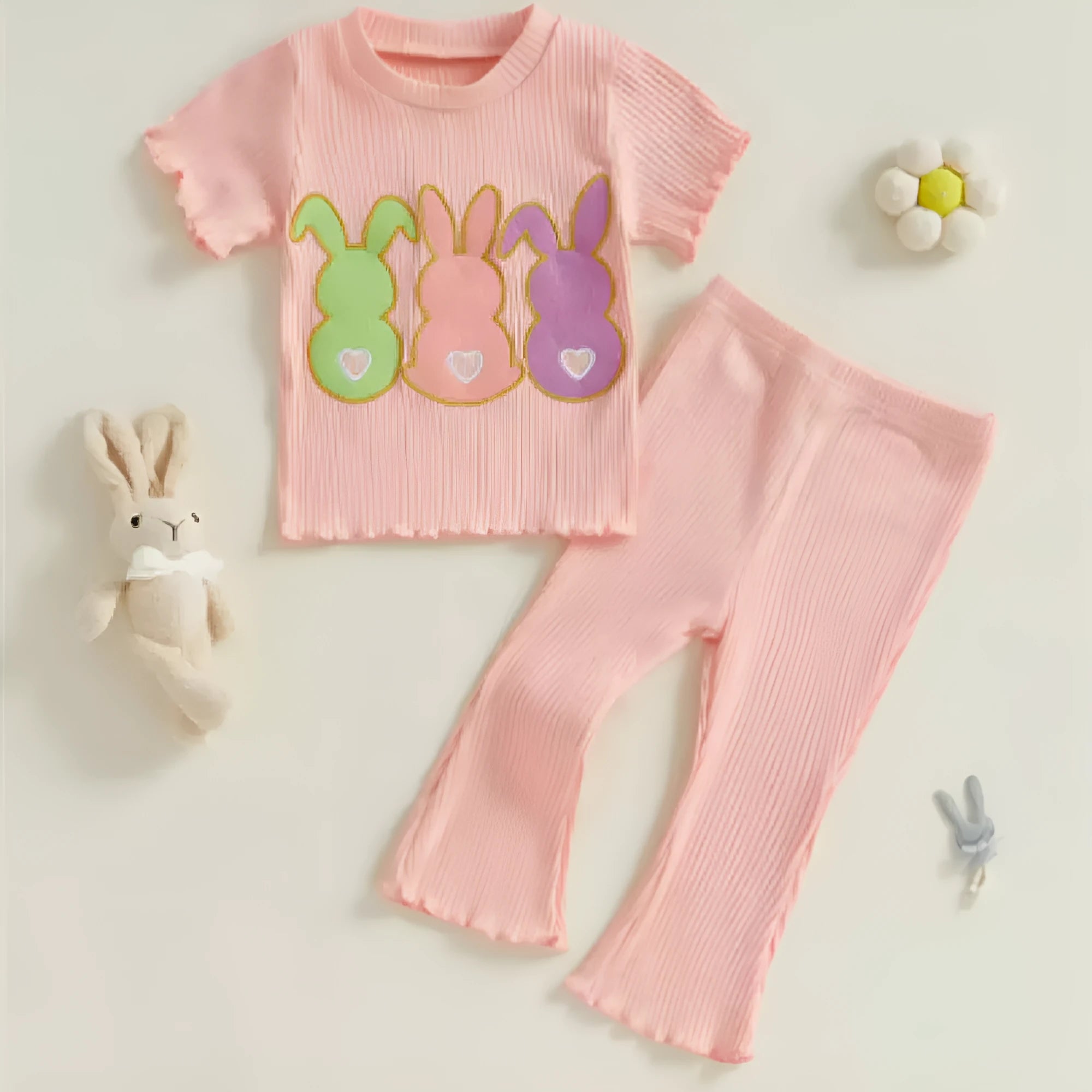 Baby girl cotton short-sleeve bell-bottom pants set with rabbit embroidery in light yellow