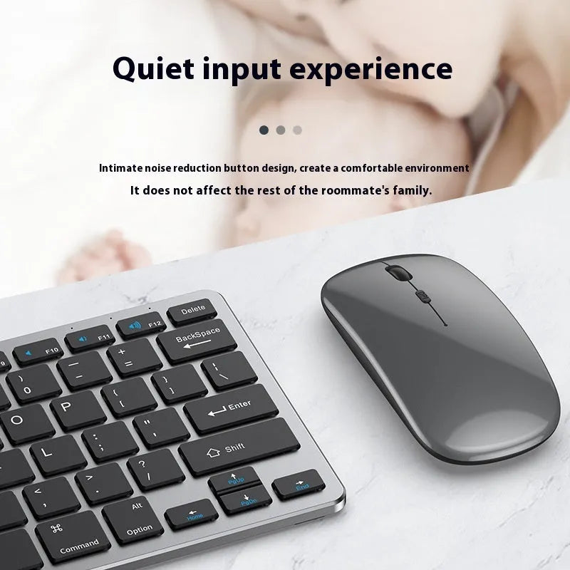 Ultra-thin wireless keyboard and silent mouse set in black, gunmetal, or silver, with USB receiver and keyboard cover.