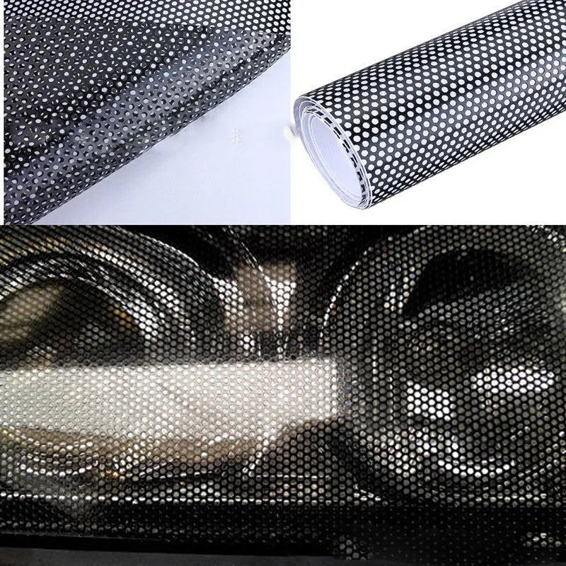 Perforated automotive colour changing film roll showing mesh pattern and dimensions