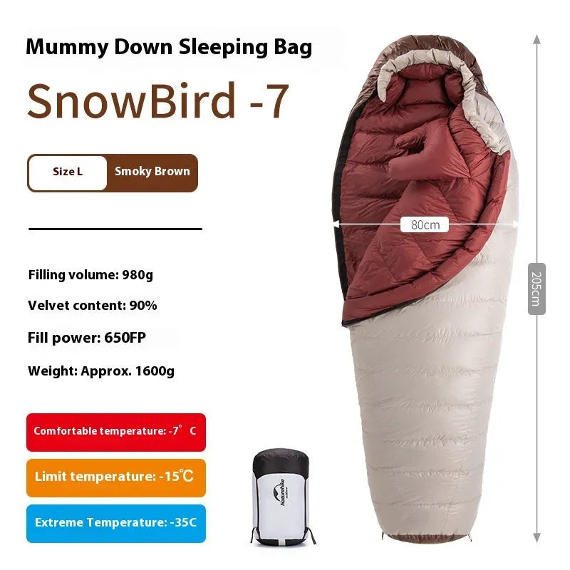 Goose down mummy sleeping bag for adult camping in cold weather with storage bag