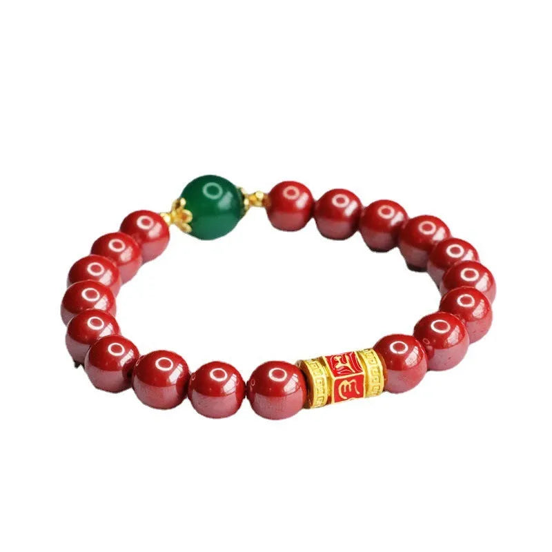 Emperor sandstone cinnabar bracelet with six-words proverb engraving showing 8mm bead diameter
