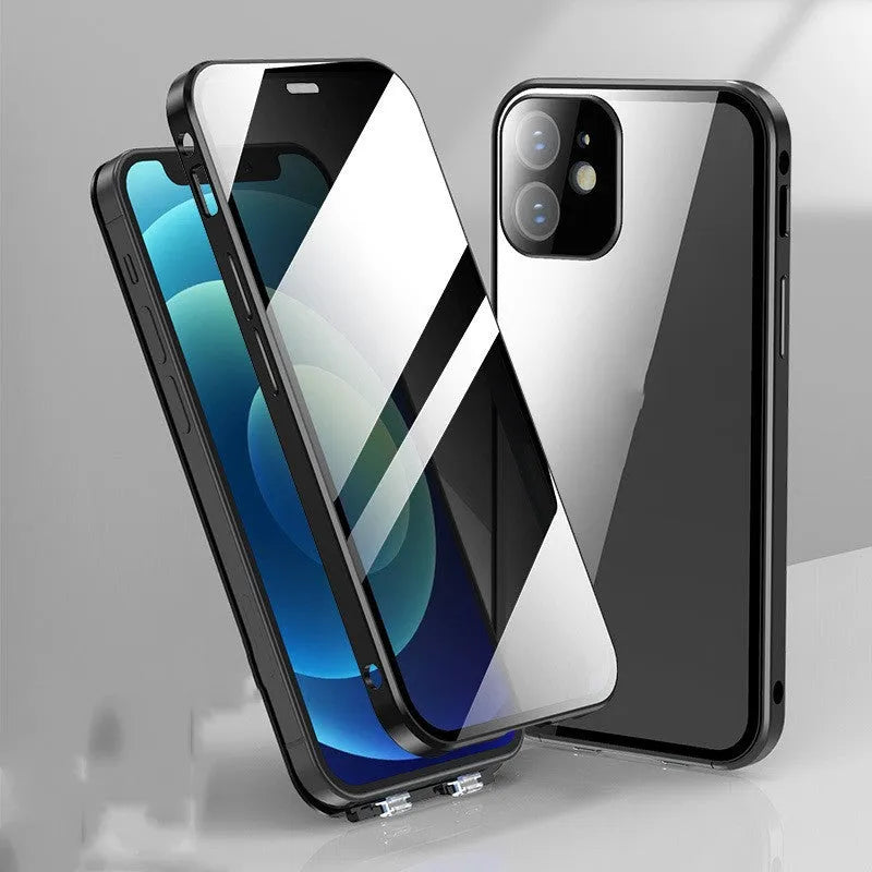 Purple glass back phone case with double-sided buckle for iPhone 11 12 13 14 15 series