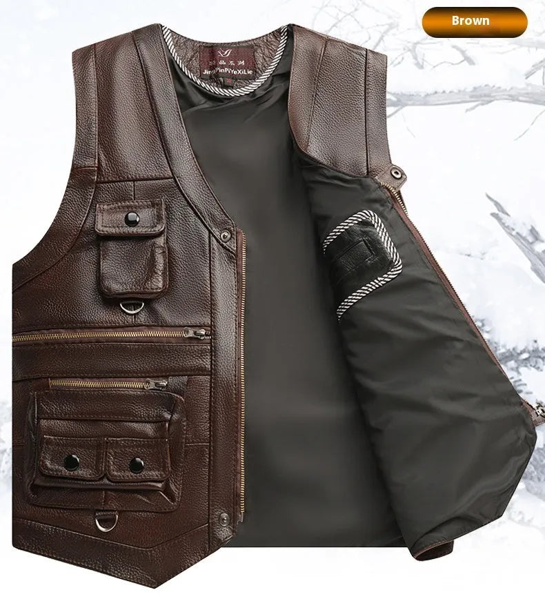Men's first layer cowhide leather vest with V-neck and zipper front, dark brown or black, sizes 170 to 190