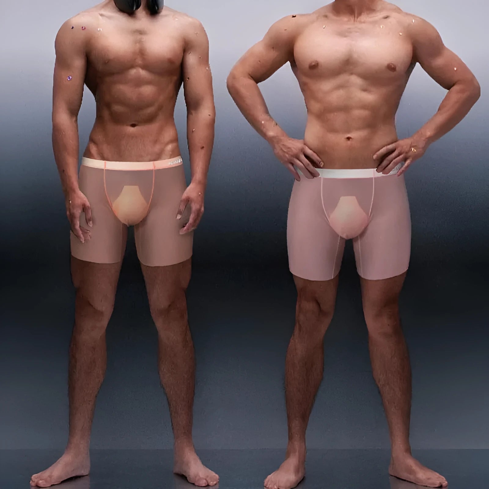 Men's seamless nylon boxer shorts in orange, pink, or red with low-waist athletic design