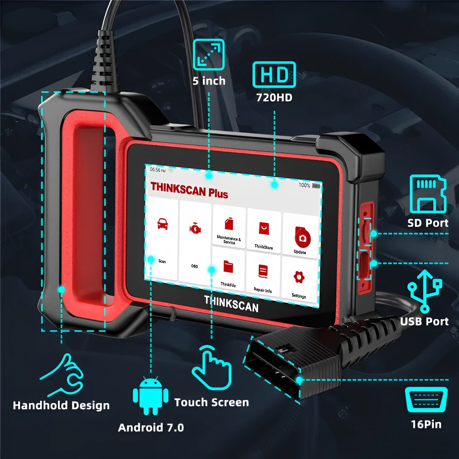 Thinkcar Thinkscan Plus S2 car diagnostic scanner with host unit and dongle for ECM, ABS, and SRS system detection