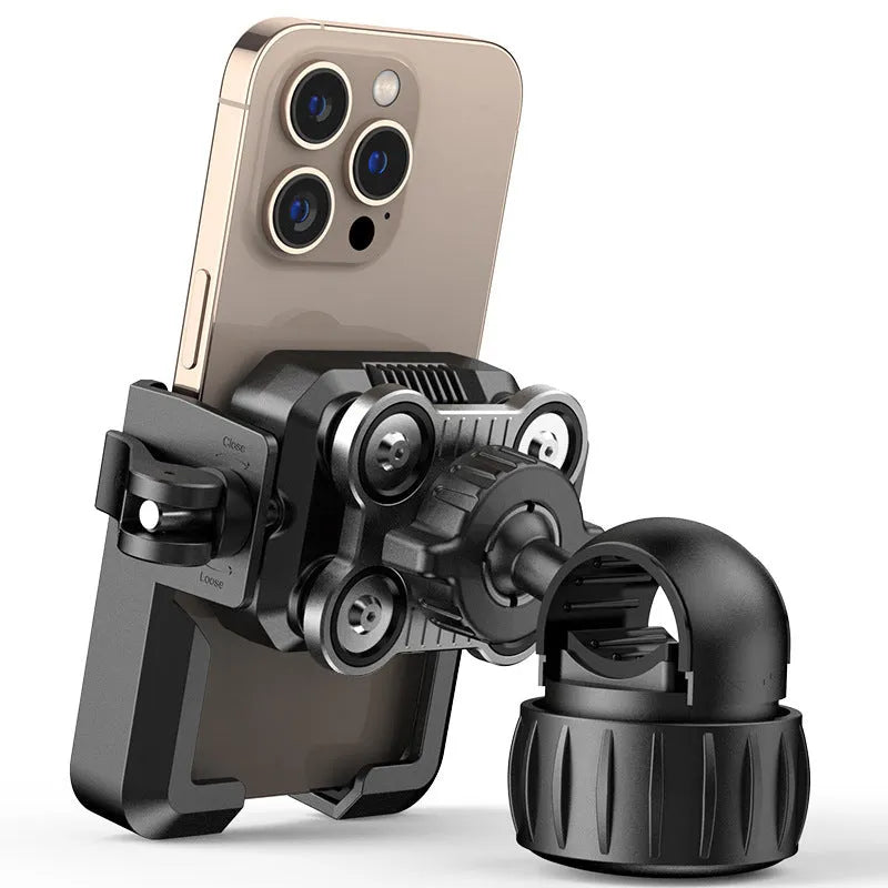 Black aluminium alloy shock absorber motorcycle phone bracket mounted on a handlebar.