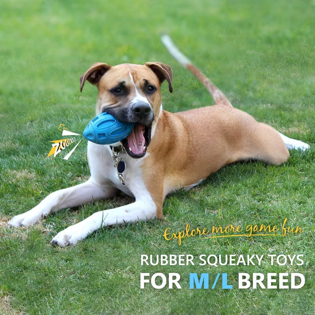 Blue, green, and orange squeaky rubber dog ball with surface grooves for aggressive chewers