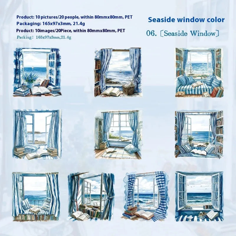 Set of six retro-style window scene decorative journal stickers on a sheet.