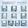 Set of six retro-style window scene decorative journal stickers on a sheet.