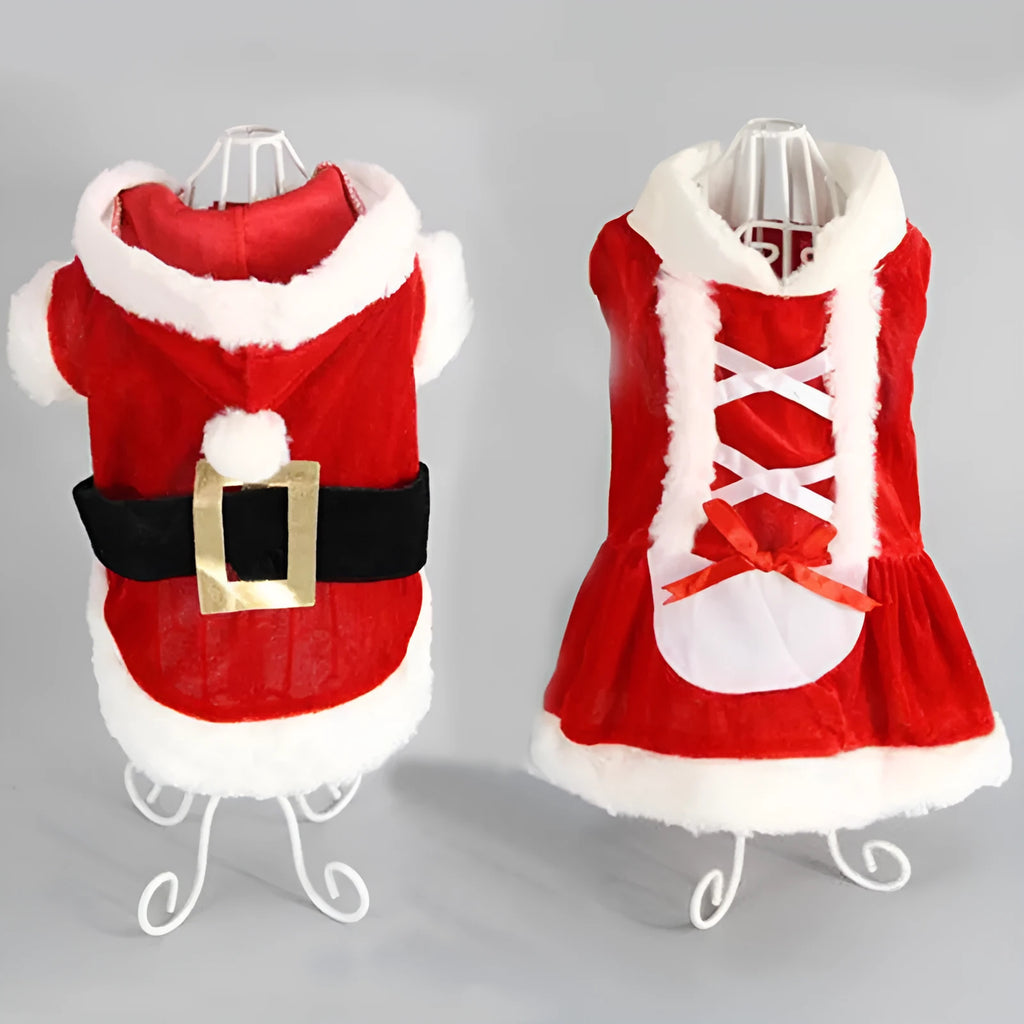 Red plaid acrylic Christmas dog vest and skirt set for small dogs in sizes XXS to L