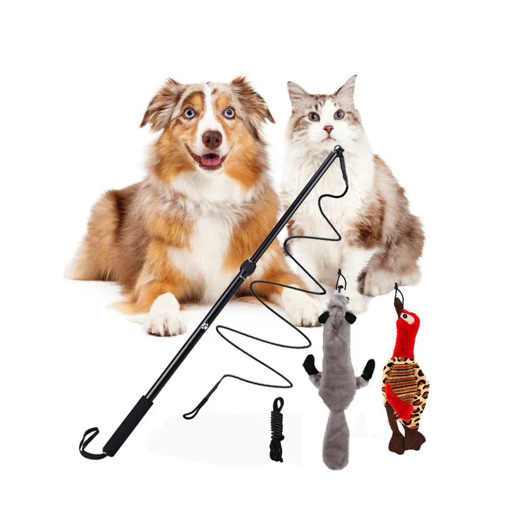 Black telescopic aluminium alloy dog teasing rod extended to 102cm with two bite ropes and one ball