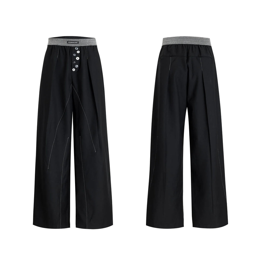 A pair of high-waisted straight-leg casual trousers in a black polyester-cotton blend with a button fly and open hem.