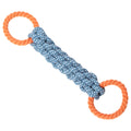 Blue double-ring braided cotton rope dog chew toy with bone shape and textured knots for dental cleaning
