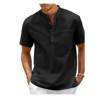 Men's solid colour short sleeve polo shirt with a stand collar, shown in a loose fit.