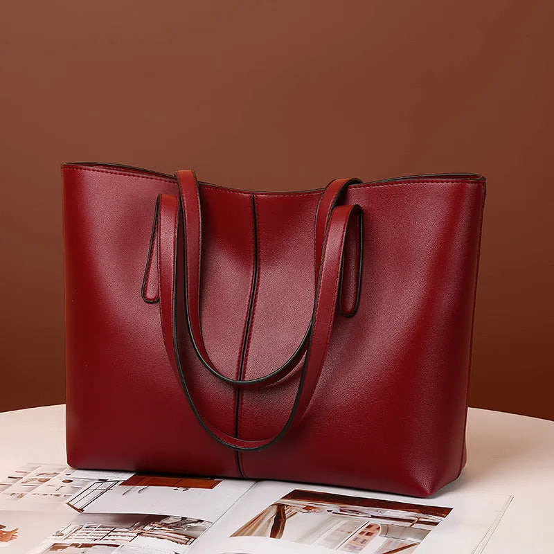 Simple Retro women's PU shoulder bag, horizontal square, double straps, 32x12x26cm, in silver, black, wine red, or green.