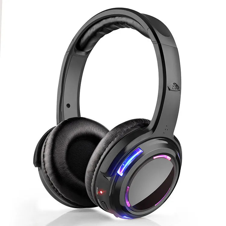 Black silent disco wireless headphones with head-mounted design and 3.5mm plug for event use