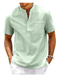 Men's solid colour short sleeve polo shirt with a stand collar, shown in a loose fit.