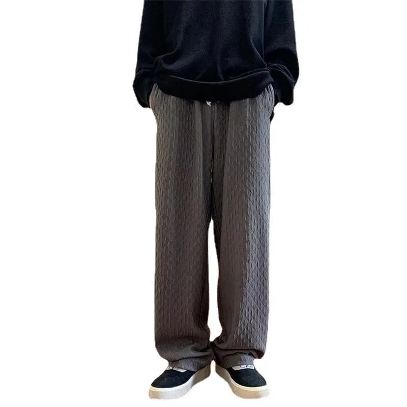Men's jacquard rhombus draped pants in black, straight leg, long trousers with non-ironing finish