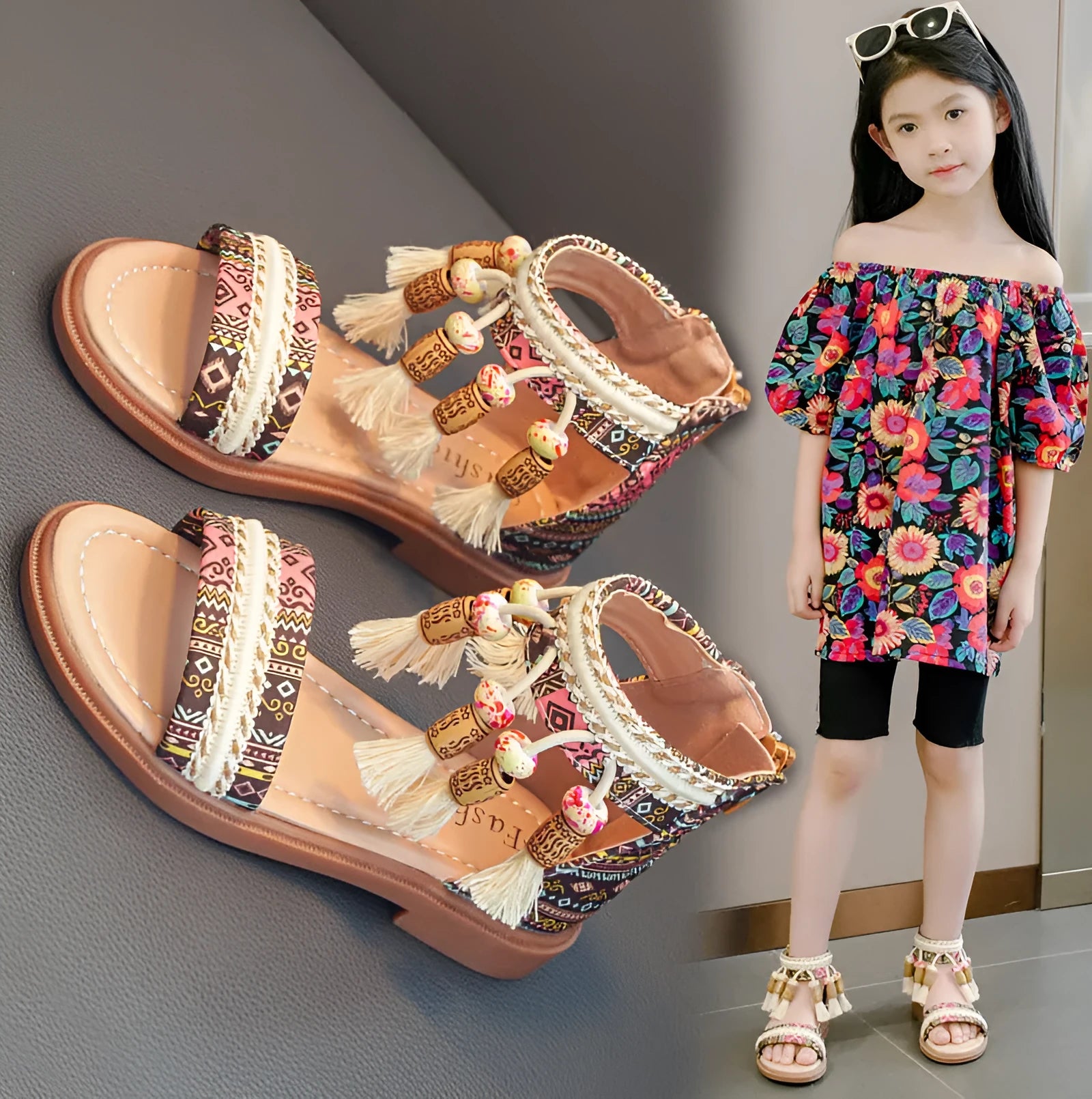 Retro children's roman sandals with beaded detail and back zipper in black