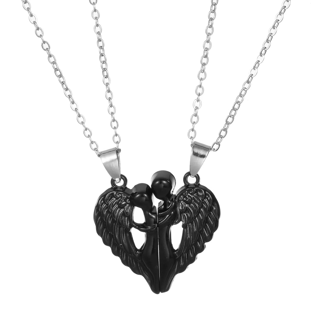 Angel wings hug necklace with heart-shaped alloy pendant, cross chain, magnetic clasp, 51-60cm perimeter