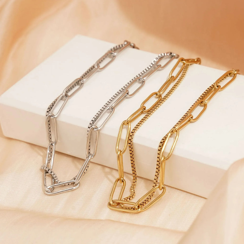 Women's double layer titanium steel bracelet with geometric lines in gold or silver electroplate