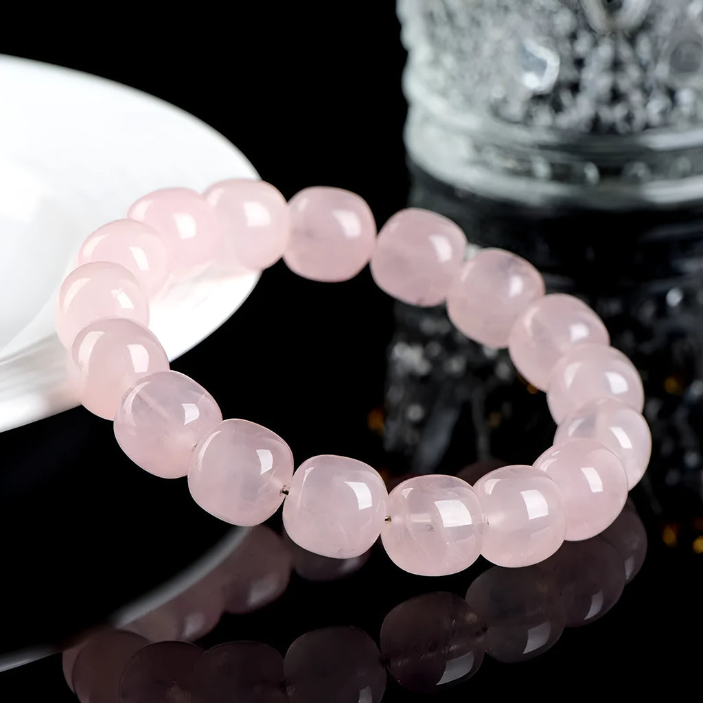 Pink crystal barrel bead bracelet with natural bamboo elements, geometric 11-12mm beads