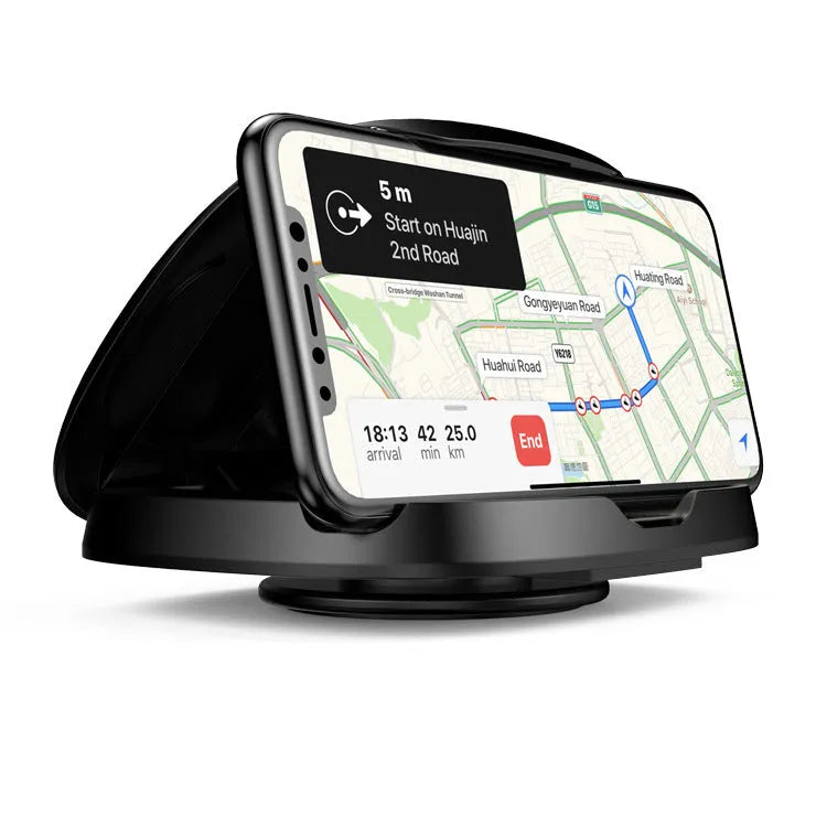 Black plastic rotating suction cup car navigator bracket mounted on a windscreen