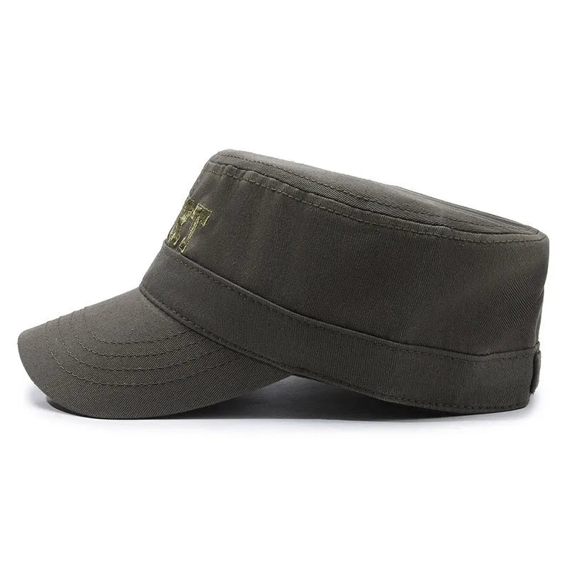 Men's cotton flat-top peaked cap in army green colour with English letter detailing and an adjustable strap.