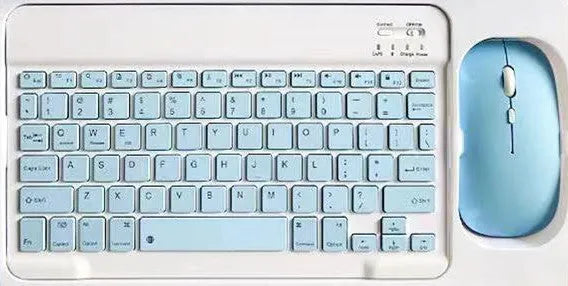10-inch compact Bluetooth keyboard and wireless mouse in a solid colour on a desk.