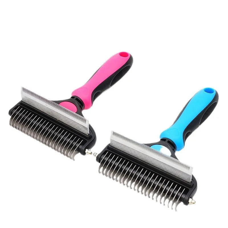 Two-in-one pet hair unknotting comb with dense and sparse teeth in black, blue, and pink - small and large sizes